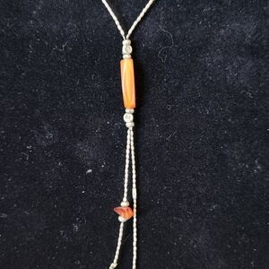 Lariat Sterling Silver Orange Beaded Necklace 14" + 5" Dangle